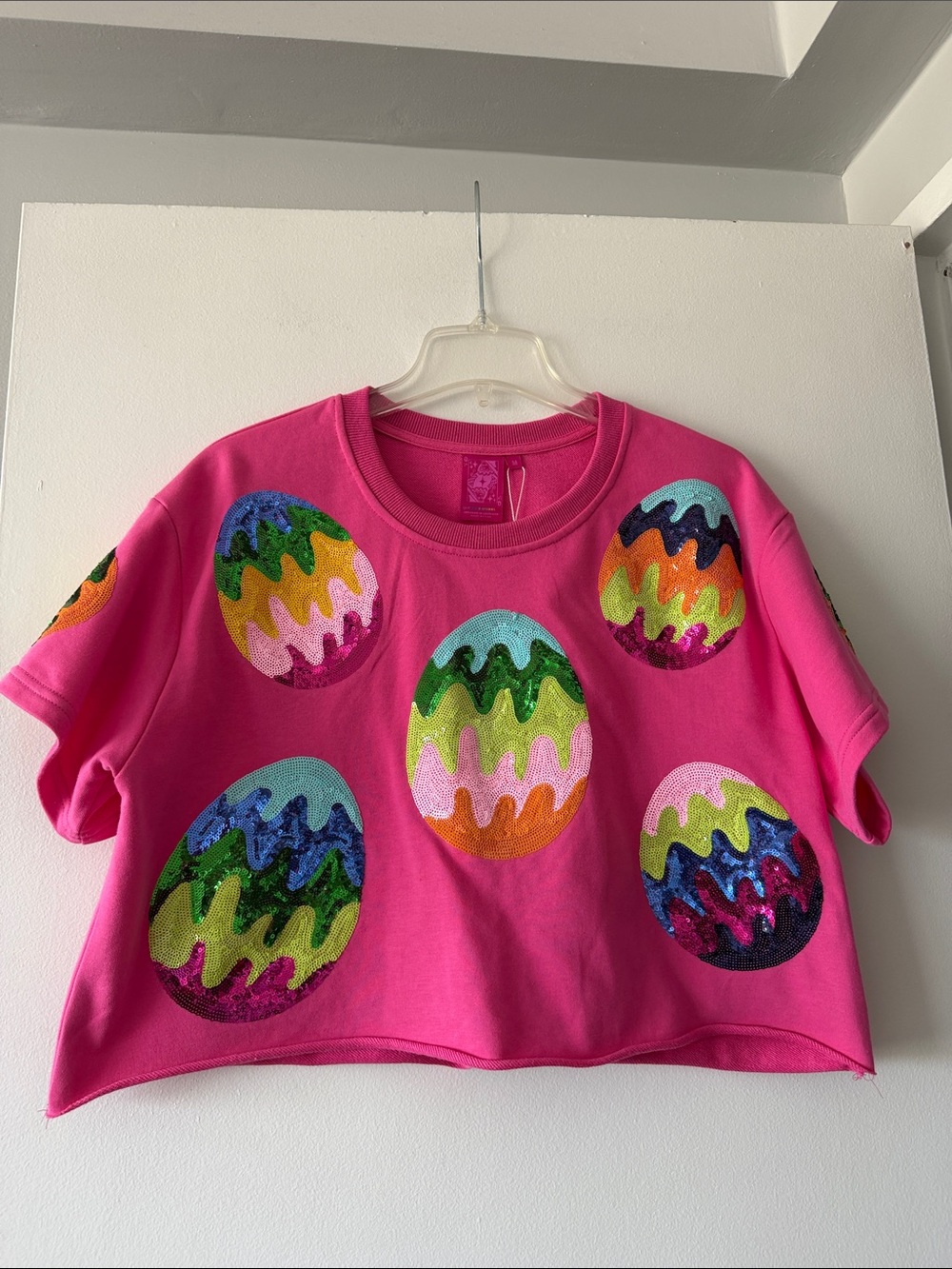 Queen of Sparkles Pink Sequin Easter Egg Short Sleeve Cropped size medium NWT